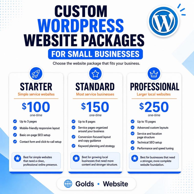 May include: A graphic showcasing custom WordPress website packages for small businesses. The packages include Starter, Standard, and Professional options, each with different features and pricing. The image features the WordPress logo and the text "Golds Website."