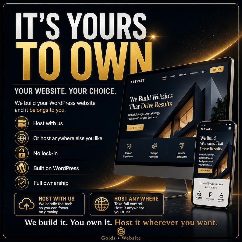 Puede incluir: Un anuncio digital con un monitor de computadora y un tel&eacute;fono inteligente que muestra un sitio web con el texto IT'S YOURS TO OWN, YOUR WEBSITE. YOUR CHOICE. We build your WordPress website and it belongs to you. Host with us or host anywhere.