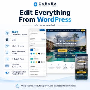 May include: A digital graphic for the Cabana WordPress theme featuring the text Edit Everything From WordPress No code needed. It displays a customization panel with color controls and a preview of a pool service website on desktop and mobile.
