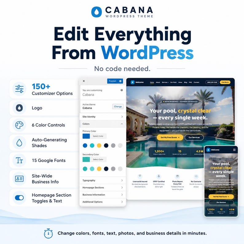 May include: A digital graphic for the Cabana WordPress theme featuring the text Edit Everything From WordPress No code needed. It displays a customization panel with color controls and a preview of a pool service website on desktop and mobile.