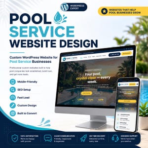 Peut inclure: Image promotionnelle pour la conception de sites Web de services de piscine. L'image présente un écran d'ordinateur et un smartphone affichant un site Web avec le texte "Votre piscine, limpide - chaque semaine." La conception comprend des icônes pour mobile, SEO et chargement rapide.