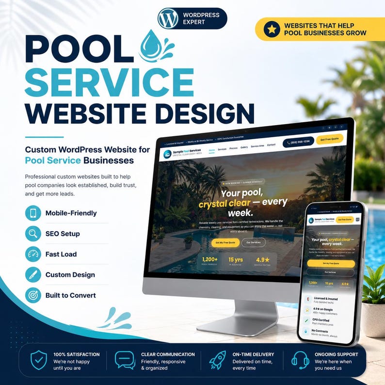 May include: A promotional image for pool service website design. The image features a computer monitor and a smartphone displaying a website interface. Text includes "Pool Service Website Design" and "Custom WordPress Website for Pool Service Businesses."