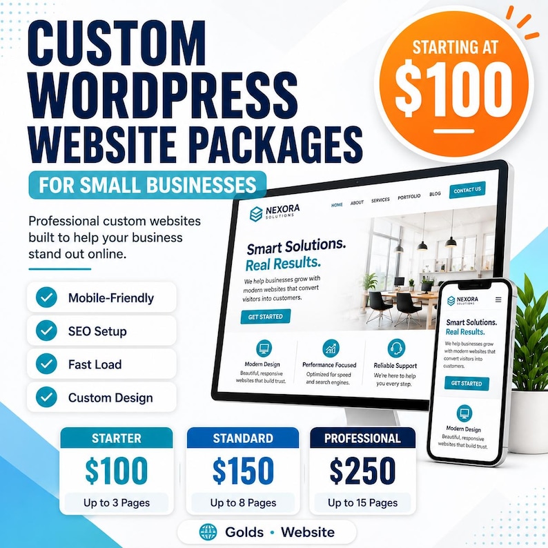 May include: An advertisement for custom WordPress website packages for small businesses. The image features a computer monitor and a smartphone displaying a website, along with pricing tiers starting at $100.