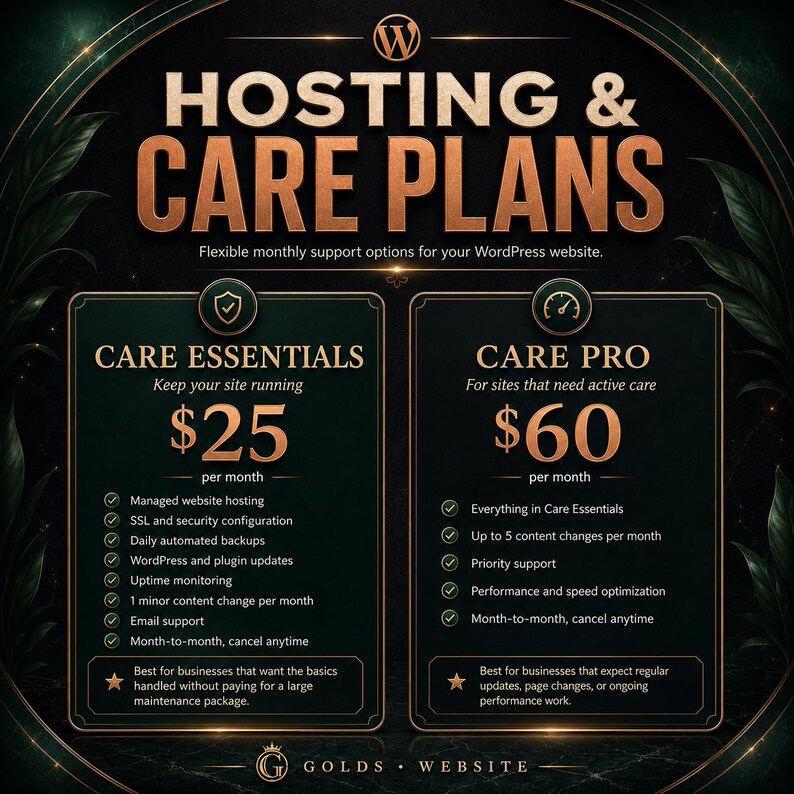 May include: A dark green and gold graphic titled HOSTING & CARE PLANS featuring two service tiers: CARE ESSENTIALS at $25 per month and CARE PRO at $60 per month. The design lists specific features for each WordPress website support package.