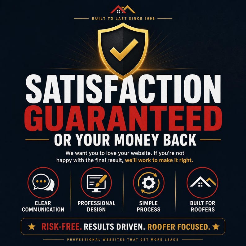 May include: A dark background with the text "SATISFACTION GUARANTEED OR YOUR MONEY BACK." The image includes icons for clear communication, professional design, simple process, and built for roofers. The text "RISK-FREE. RESULTS DRIVEN. ROOFER FOCUSED." is also present.