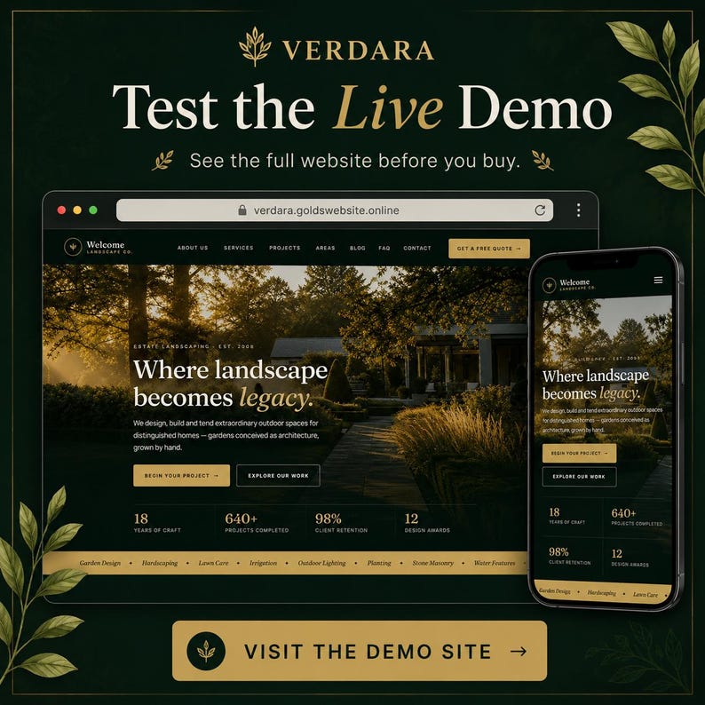 May include: A digital display showing a website demo for Verdara, featuring a desktop browser window and a smartphone screen. The dark green and gold interface displays the text 'Test the Live Demo' and 'Where landscape becomes legacy.'