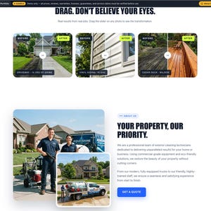 May include: A website showcasing exterior cleaning services. The page features before-and-after photos of driveways, siding, and decks. Text includes "DRAG. DON'T BELIEVE YOUR EYES" and "YOUR PROPERTY, OUR PRIORITY."