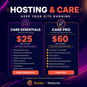 May include: A digital graphic advertising website hosting and care services. The image presents two columns detailing services, pricing, and features. The text includes "HOSTING & CARE" and "KEEP YOUR SITE RUNNING". The graphic uses a purple and orange colour scheme.