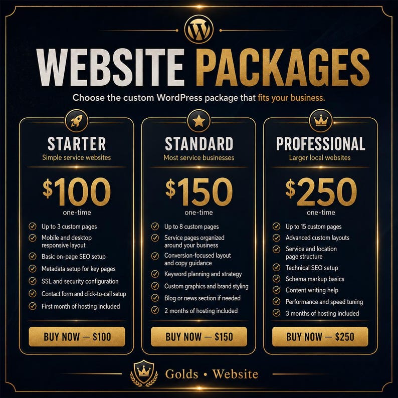 May include: A dark blue graphic display titled WEBSITE PACKAGES featuring three tiers: STARTER at $100, STANDARD at $150, and PROFESSIONAL at $250. Each column lists specific service inclusions with gold text and icons on a dark background.
