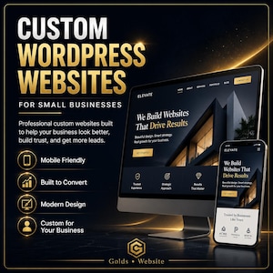 Puede incluir: Un anuncio digital de sitios web WordPress personalizados con un monitor de computadora y un tel&eacute;fono inteligente que muestran el texto "We Build Websites That Drive Results". El dise&ntilde;o utiliza un esquema de color negro y dorado con iconos.