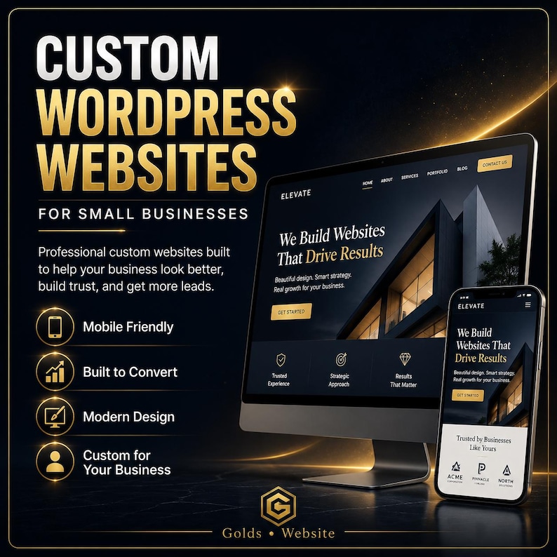 Puede incluir: Un anuncio digital de sitios web WordPress personalizados con un monitor de computadora y un tel&eacute;fono inteligente que muestran el texto "We Build Websites That Drive Results". El dise&ntilde;o utiliza un esquema de color negro y dorado con iconos.