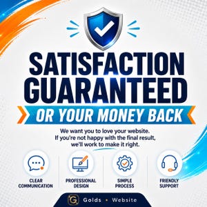 K&ouml;nnte beinhalten: Eine Grafik mit einem blauen Schild und einem wei&szlig;en H&auml;kchen &uuml;ber dem Text SATISFACTION GUARANTEED OR YOUR MONEY BACK. Darunter steht der Text We want you to love your website. If you're not happy with the final result, we'll work to make it right.