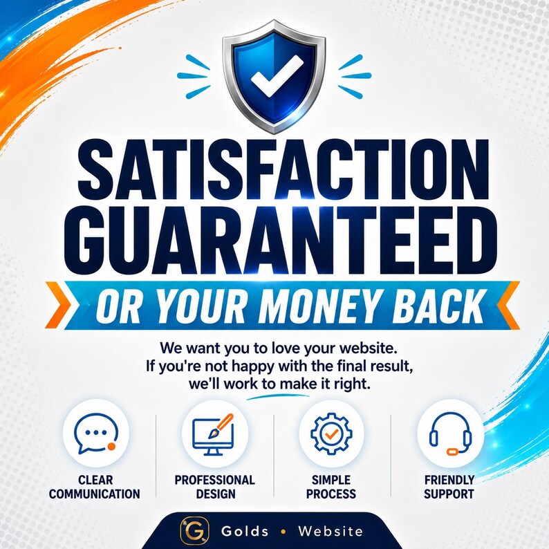 K&ouml;nnte beinhalten: Eine Grafik mit einem blauen Schild und einem wei&szlig;en H&auml;kchen &uuml;ber dem Text SATISFACTION GUARANTEED OR YOUR MONEY BACK. Darunter steht der Text We want you to love your website. If you're not happy with the final result, we'll work to make it right.