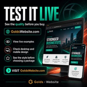 May include: A digital advertisement featuring a computer monitor and a smartphone displaying the Elevate Solutions website. Text includes TEST IT LIVE, GoldsWebsite.com, View live examples, Check desktop and mobile design, and See the style before choosing a package.
