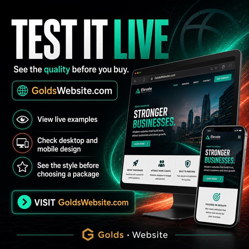 May include: A digital advertisement featuring a computer monitor and a smartphone displaying the Elevate Solutions website. Text includes TEST IT LIVE, GoldsWebsite.com, View live examples, Check desktop and mobile design, and See the style before choosing a package.