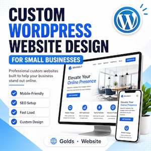 May include: A promotional image for custom WordPress website design services. The design includes a computer monitor and a smartphone displaying a website interface. Text highlights features like mobile-friendly design, SEO setup, and fast loading.