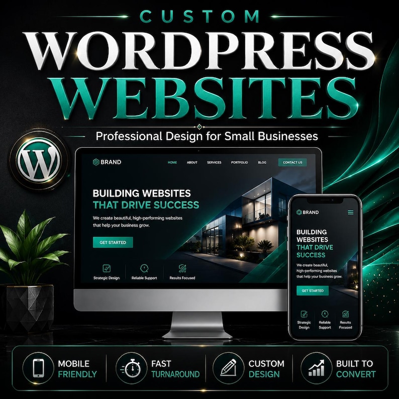 May include: A computer monitor and smartphone displaying a website with the text BUILDING WEBSITES THAT DRIVE SUCCESS. The graphic features the text CUSTOM WORDPRESS WEBSITES and icons for mobile friendly, fast turnaround, custom design, and conversion.