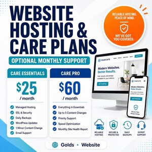 May include: A promotional graphic for website hosting and care plans. The image features a computer monitor and smartphone displaying a website, along with pricing and service details. The text includes "Website Hosting & Care Plans" and "Optional Monthly Support."