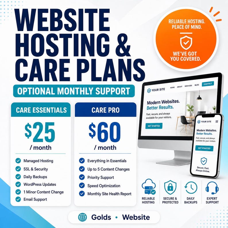 May include: A promotional graphic for website hosting and care plans. The image features a computer monitor and smartphone displaying a website, along with pricing and service details. The text includes "Website Hosting & Care Plans" and "Optional Monthly Support."