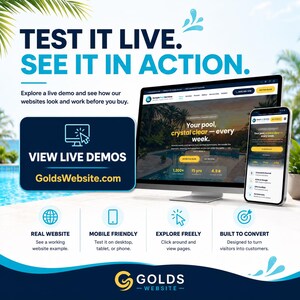 May include: A promotional image for GoldsWebsite.com, showcasing a website demo. The image features a desktop computer and a smartphone displaying a website interface. Text includes "TEST IT LIVE. SEE IT IN ACTION." and "VIEW LIVE DEMOS." Additional icons highlight website features.