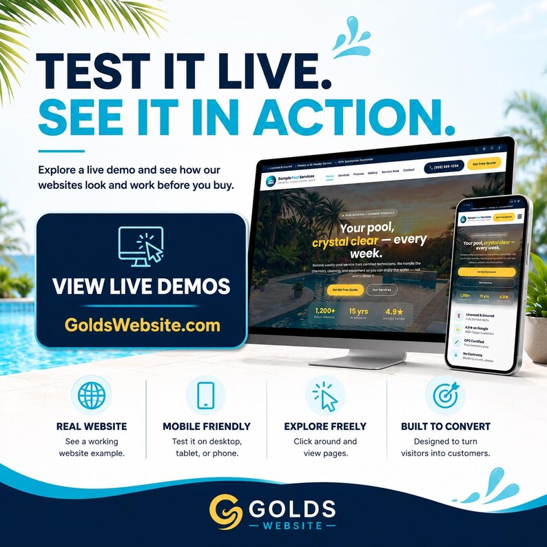 May include: A promotional image for GoldsWebsite.com, showcasing a website demo. The image features a desktop computer and a smartphone displaying a website interface. Text includes "TEST IT LIVE. SEE IT IN ACTION." and "VIEW LIVE DEMOS." Additional icons highlight website features.