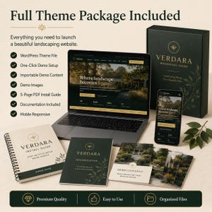 May include: A Verdara WordPress theme package including a laptop displaying a landscaping website, a smartphone, a branded box, a spiral-bound install guide, a documentation booklet, and demo content cards. Text includes Full Theme Package Included.