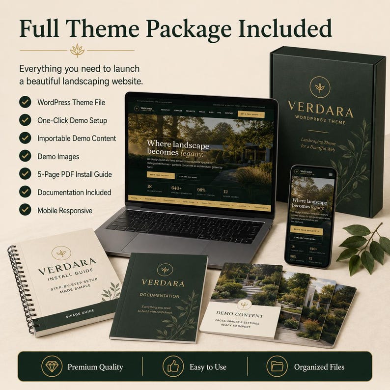 May include: A Verdara WordPress theme package including a laptop displaying a landscaping website, a smartphone, a branded box, a spiral-bound install guide, a documentation booklet, and demo content cards. Text includes Full Theme Package Included.