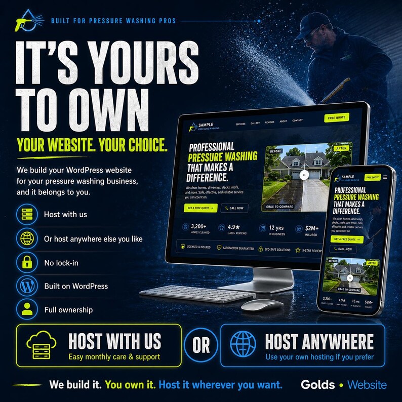 May include: Dark blue promotional graphic with the text "It's Yours to Own" and "Your Website. Your Choice." A computer monitor and smartphone display a pressure washing website. The image includes the text "Host with us" and "Host anywhere."