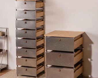 Industrial Metal Storage Cabinet, Birch Wood Drawers, Workshop Organization Furniture