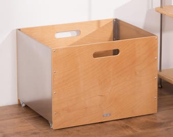 Stackable Wooden Storage Bin, Moveable Toy Box on Wheels, Birch Wood Chest