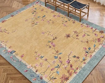 Vintage Floral Polyester Rug, Japandi Minimalist Large Area Carpet, Elegant Flower Border Rug for Living Room Bedroom, 160x230 200x290