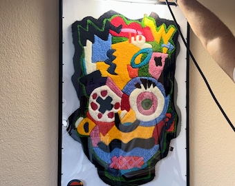 Tufting Wandbild gerahmt – Moderne Teppich Kunst für die Wand, Handgemachtes Unikat 90 x 60 cm