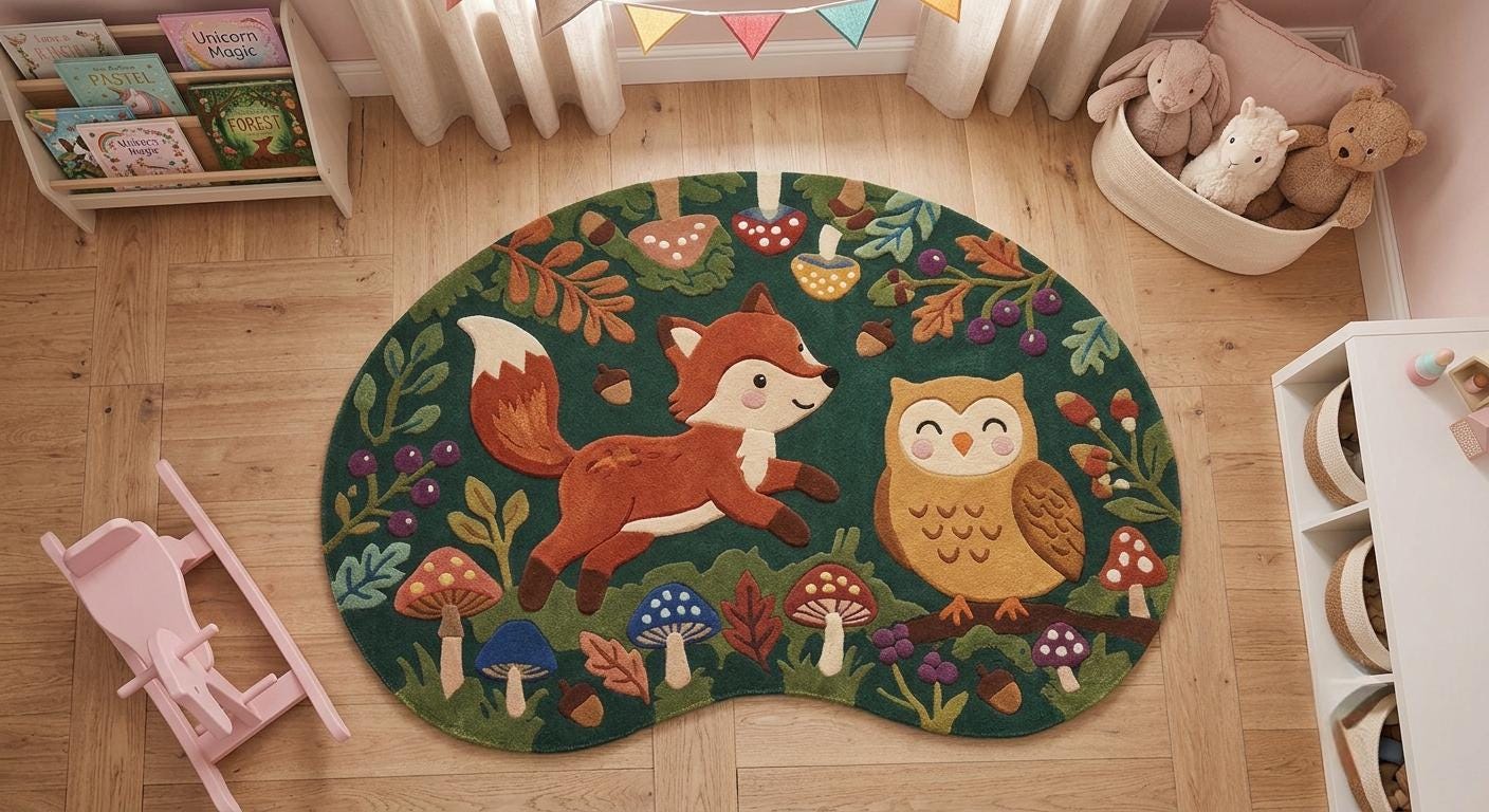 Woodland Nursery Rug, Fox and Owl Hand-Tufted Wool Carpet, Cute Forest Animal Kids Room Decor, Green