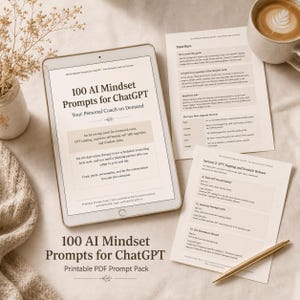 Könnte beinhalten: Ein digitales Tablet zeigt "100 AI Mindset Prompts for ChatGPT" mit Text. Papiere und eine Kaffeetasse liegen auf einer neutralen Oberfläche. Ein Stift und Trockenblumen vervollständigen die Szene.
