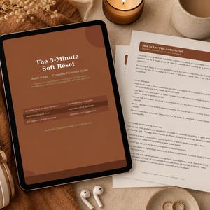 Könnte beinhalten: Ein Tablet-Computer zeigt den Text: "The 5-Minute Soft Reset". Daneben befinden sich Kopfhörer, eine Tasse Kaffee, eine Kerze und eine gedruckte Anleitung mit dem Titel "How to Use This Audio Script". Die Gegenstände liegen auf einer strukturierten, neutral getönten Oberfläche.