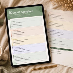 May include: A digital tablet displaying a "Morning EFT Tapping Script" with text and color-coded sections. A printed script, a cup of coffee, a lit candle, and a pen are also visible, suggesting a wellness or self-care theme.