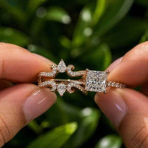 May include: A rose gold ring set featuring a square-cut centre stone and a matching contoured band. Both pieces are adorned with small pavé-set stones, including pear-shaped accents on the band, creating a cohesive and detailed jewellery design.
