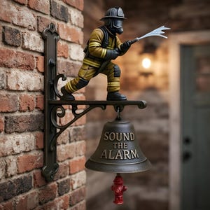 Sino de parede de ferro fundido para bombeiros, decoração rústica de bombeiro, toque o alarme, ornamento para porta externa, sino decorativo de parede.