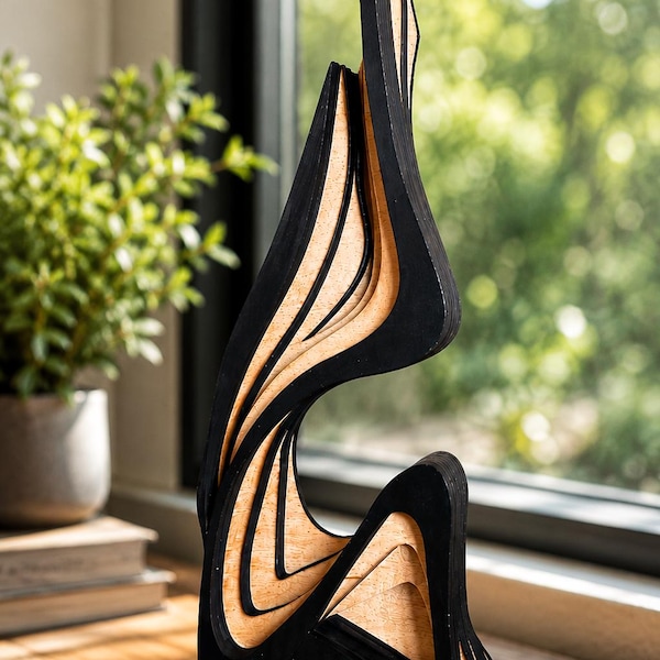 Abstract Wooden Sculpture, Modern Wood Table Decor, Contemporary Desk Art, Minimalist Home Office Shelf Accent Gift.
