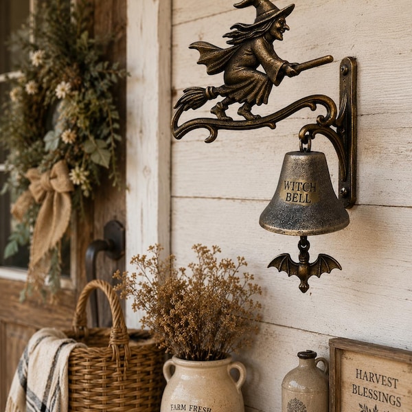 Witch Bell Wall Hanging 2D, Halloween Witch Decor, Flying Witch Bell Sign, Gothic Porch Ornament, Spooky Entryway Decor.