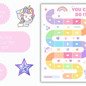 Tabella stampabile per l'addestramento al vasino, Pacchetto premi unicorno per l'addestramento al vasino per bambine, Tracker con adesivi arcobaleno pastello, Download digitale in PDF