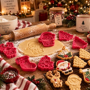 May include: A collection of pink plastic cookie cutters in shapes of Santa Claus, a reindeer, a Christmas stocking, a tree, and candles, alongside baked cookies, a wooden rolling pin, a mixing bowl, and a mug on a wooden surface.