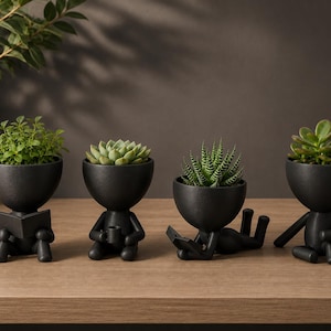 Peut inclure: Un ensemble de quatre cache-pots noir mat en forme de petits personnages, chacun contenant une plante succulente verte différente. Les figurines sont représentées dans diverses postures, notamment assises en lisant, tenant une tasse et allongées.