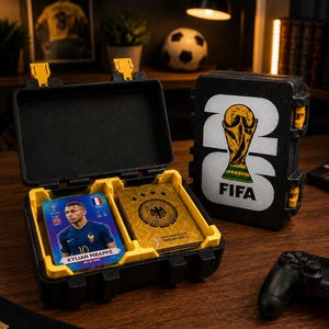 Peut inclure: Un étui de rangement protecteur noir et jaune contenant une pile de cartes à collectionner de la Coupe du Monde de la FIFA 2022. Une carte montre Kylian Mbappé en maillot bleu, une autre est dorée avec l'emblème de la fédération allemande.