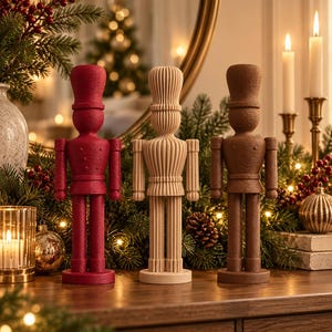 May include: Three standing nutcracker figurines arranged in a row. The left figure is deep red with a textured surface, the centre figure is light beige with a ribbed design, and the right figure is dark brown with a textured surface.