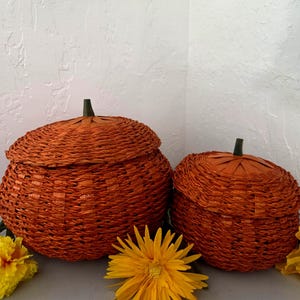 May include: Two round, orange woven baskets shaped like pumpkins, each featuring a lid with a small green stem on top. The baskets have a textured, braided surface and are arranged side by side, accompanied by bright yellow flower petals.