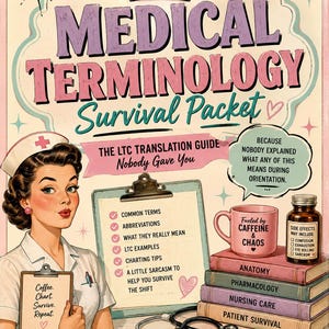 May include: A vintage-style poster titled "Medical Terminology Survival Packet." It features a nurse holding a clipboard with a list of medical terms and a coffee mug that says "Fueled by Caffeine & Chaos." The poster includes the text "Vitals, Chaos & Sarcasm Nursing Co."