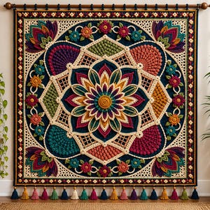 May include: A square crochet wall hanging featuring a central mandala design with layered petals in shades of dark blue, magenta, orange, green, and cream. The piece includes textured bobble stitches, floral motifs, and a row of colorful tassels.