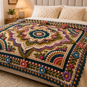 May include: A large, square crochet blanket featuring a central mandala design in shades of teal, cream, purple, and olive green. The blanket is adorned with three-dimensional floral motifs, leaf patterns, and a scalloped border with small beads.