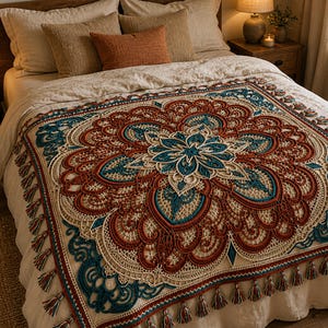 Könnte beinhalten: Aufwendig gehäkelte Decke in Creme-, Türkis- und Rostrottönen mit zentralem Blumenmuster. Die Decke, mit Quasten an den Rändern, wird auf einem Bett mit neutralfarbener Bettwäsche präsentiert.